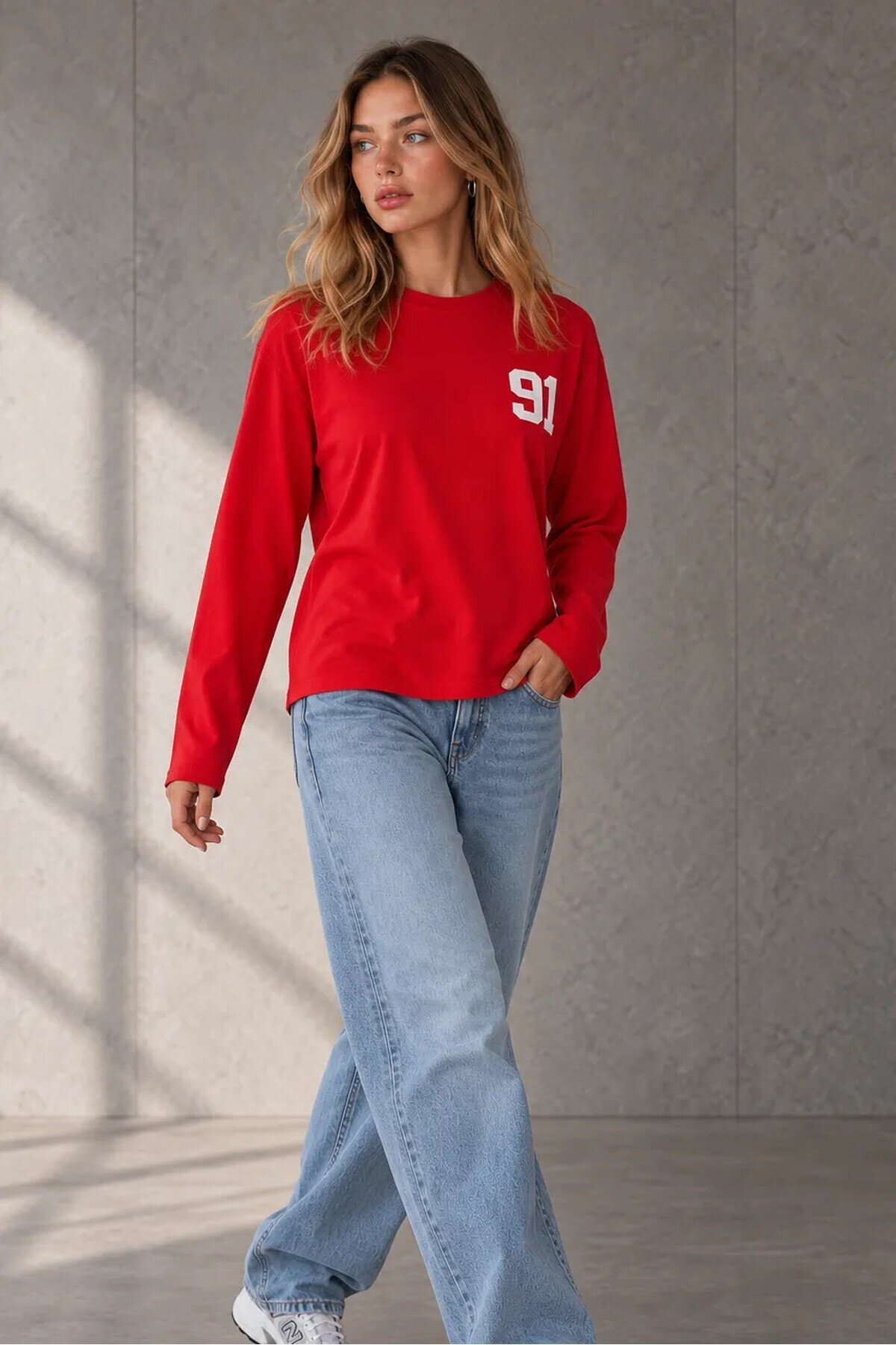 12693 Bisiklet Yaka Baskılı Sweat Kırmızı