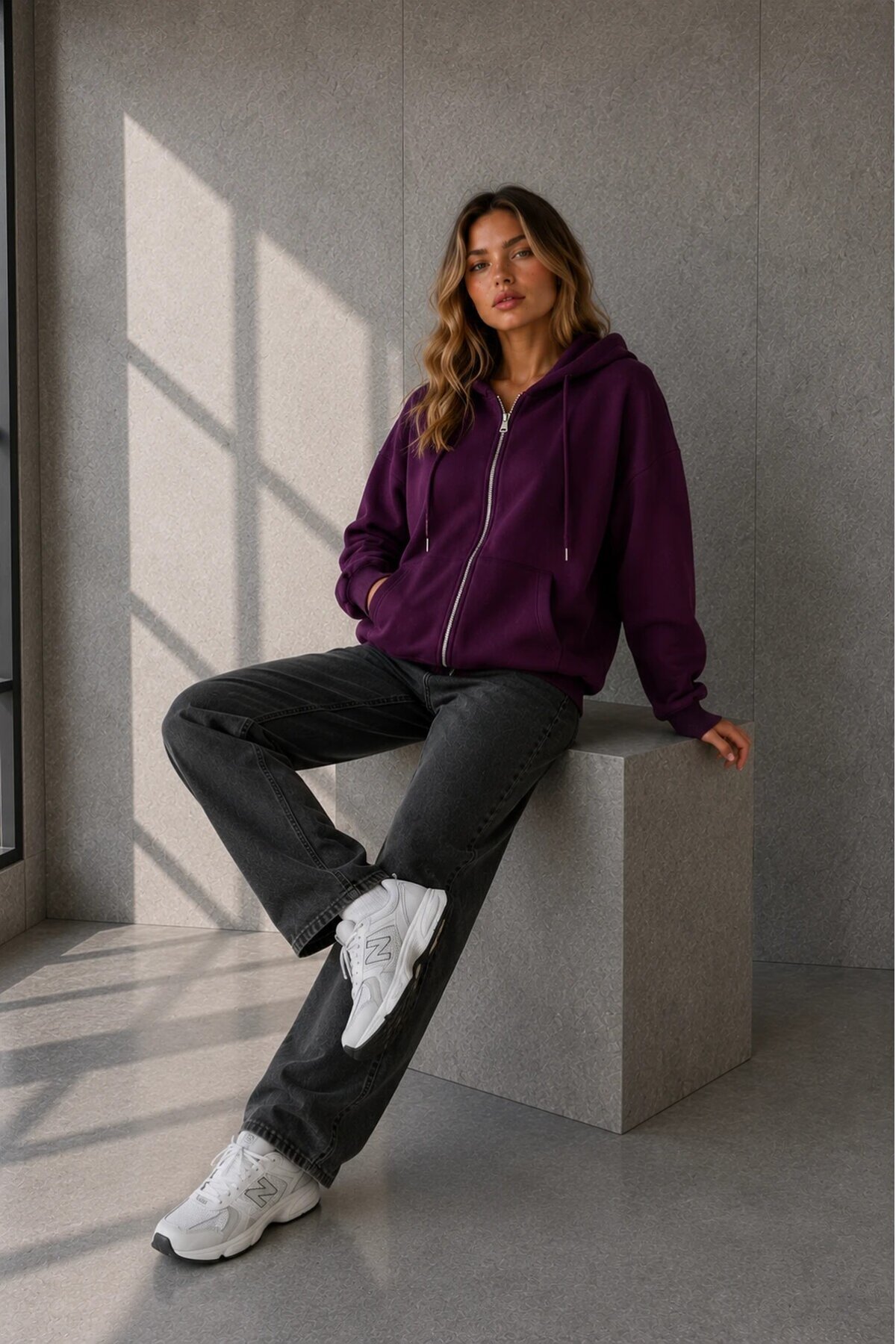2501 Fermuarlı Kapüşonlu Sweatshirt Mürdüm