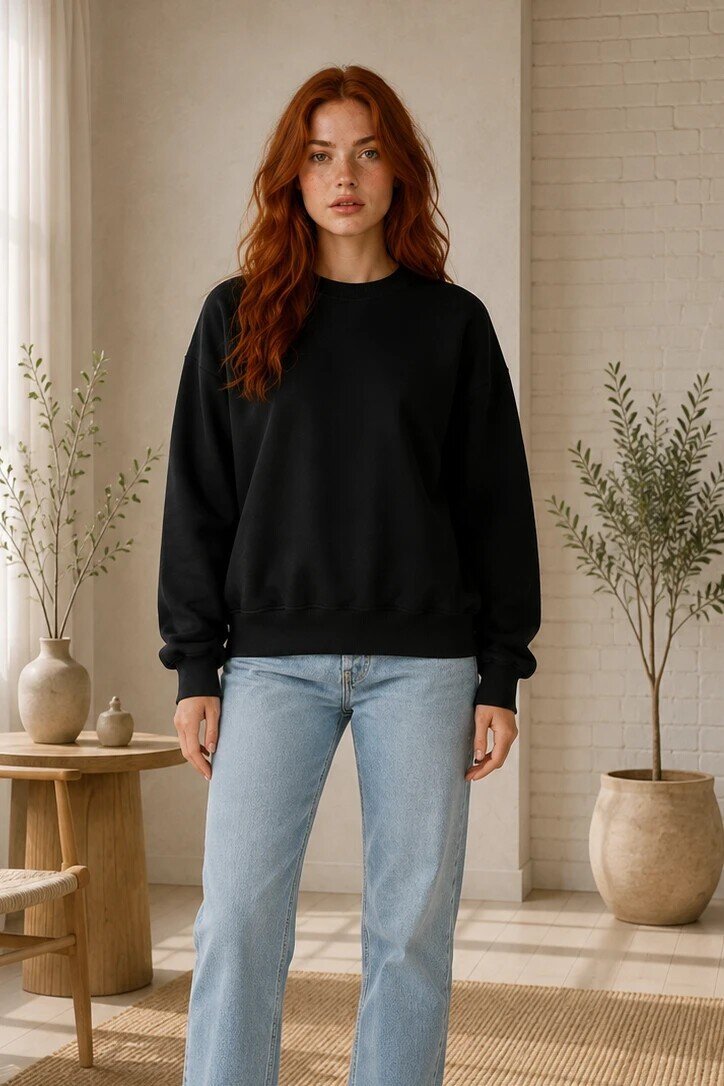 2513 Üç İplik Bisiklet Yaka Sweatshirt Siyah