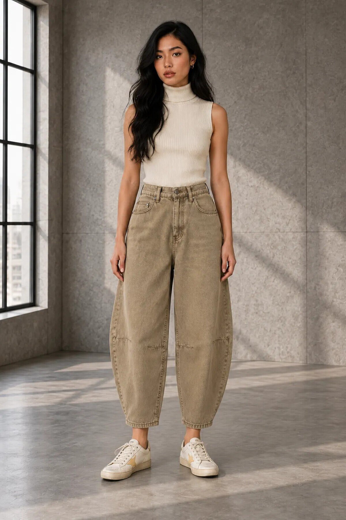 26616 Dikiş Detay Balon Jean Vizon