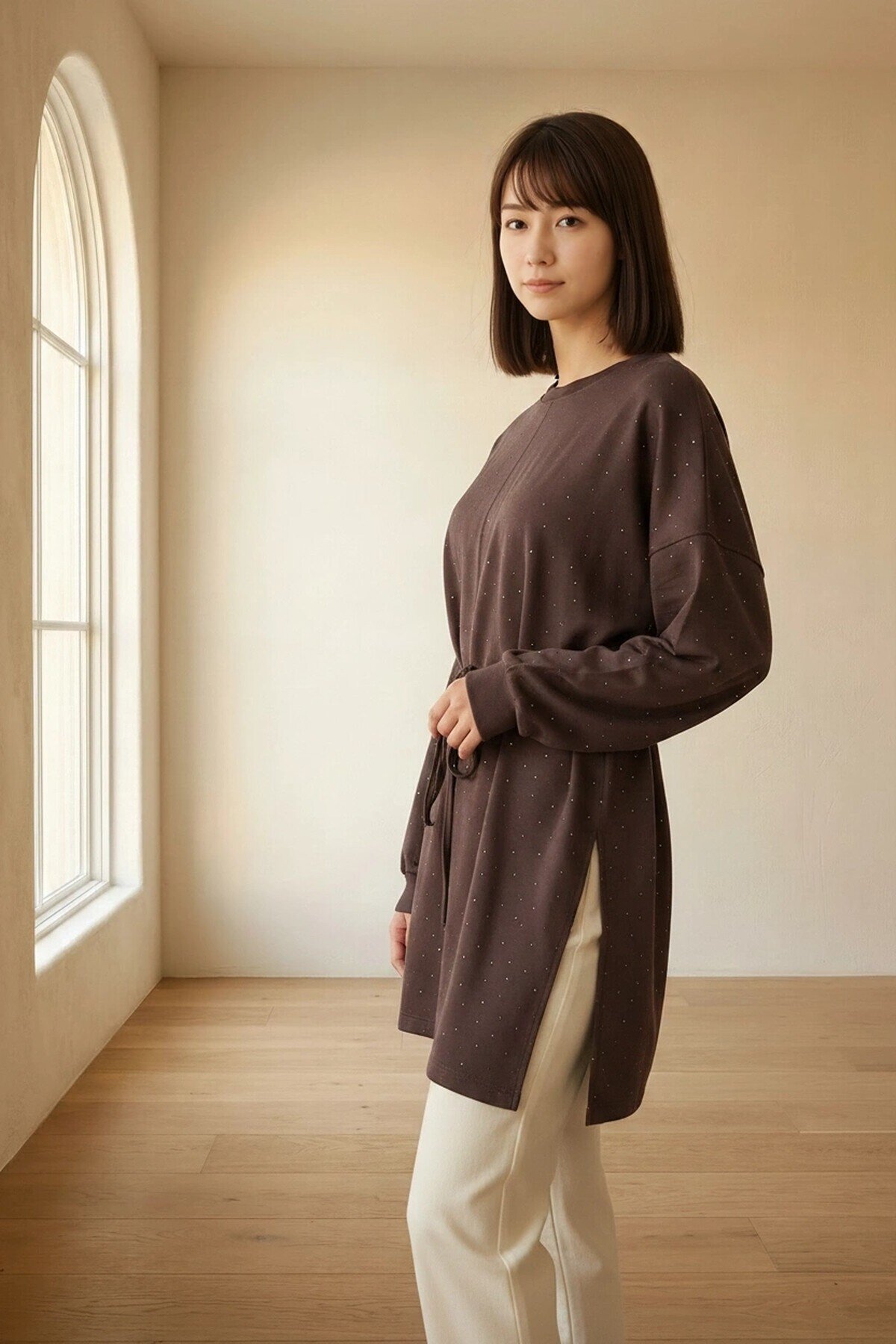 26781 Taşlı Beli Bağlamalı Tunik Kahve