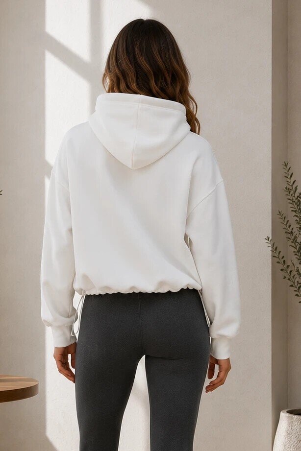 2761 Beli Sıkmalı Kapüşonlu Sweat Ekru