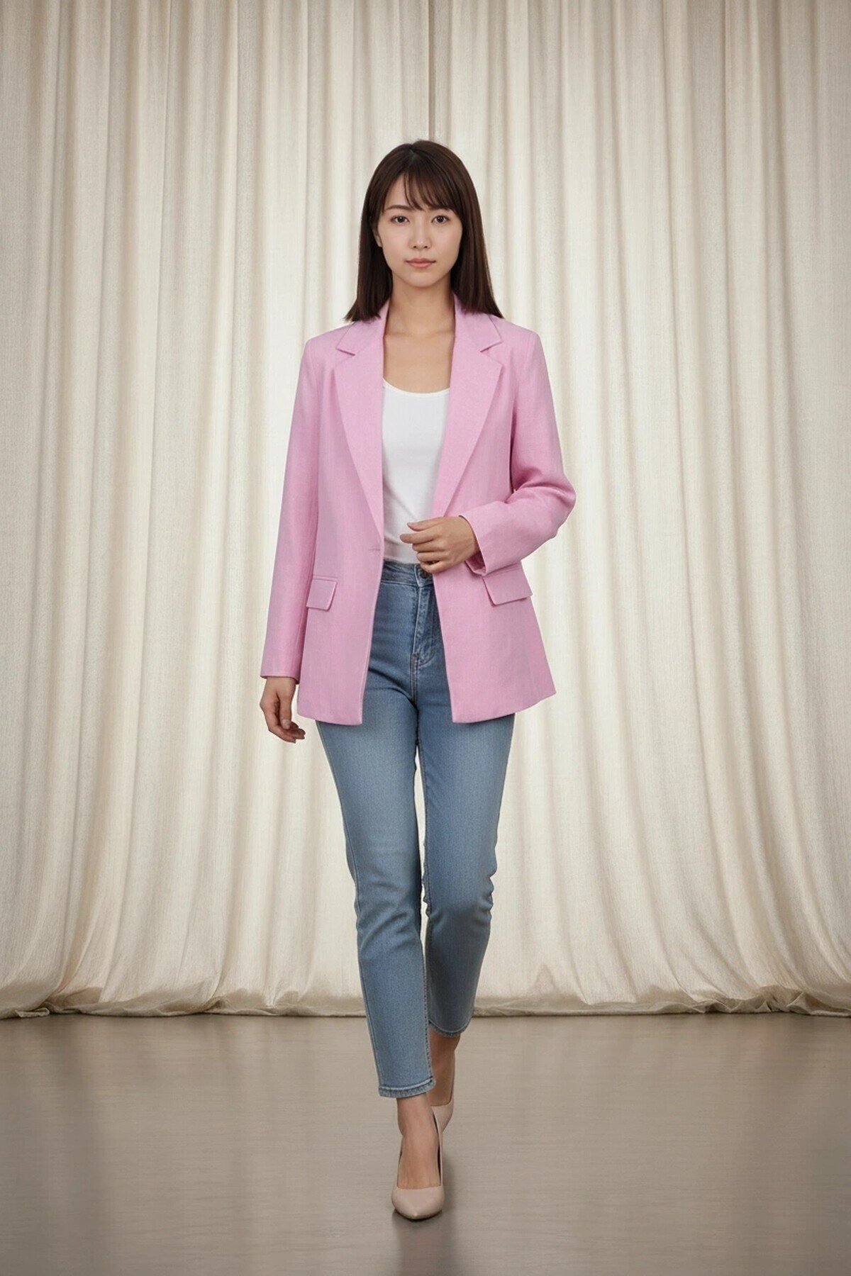3226-3 Vatkalı Keten Ceket Pembe