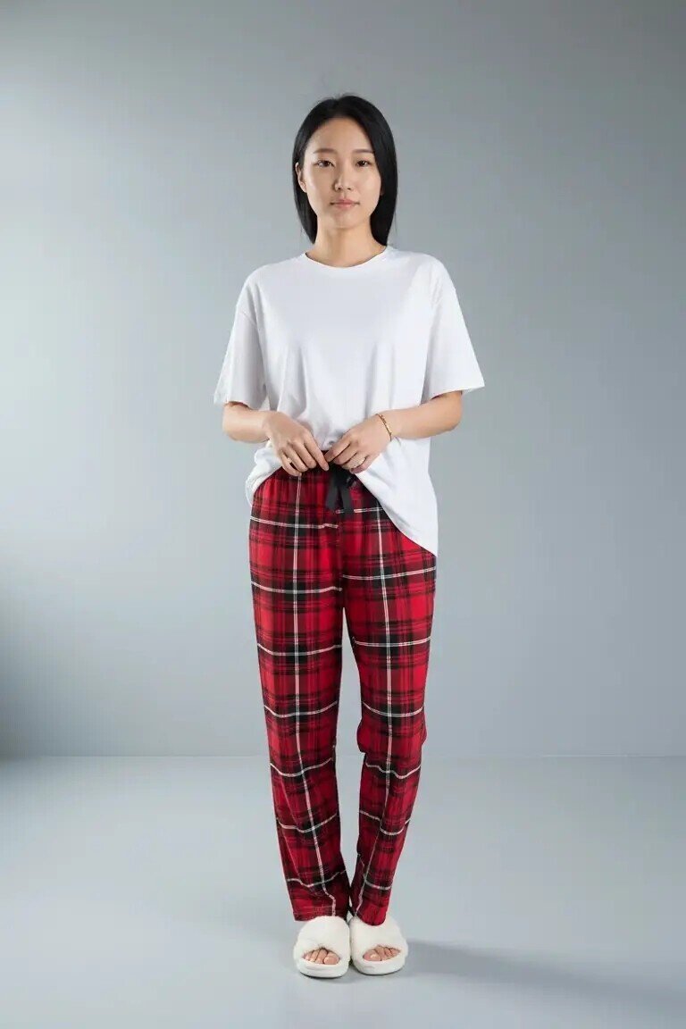 4517 Ekose Desen Pijama Altı Kırmızı