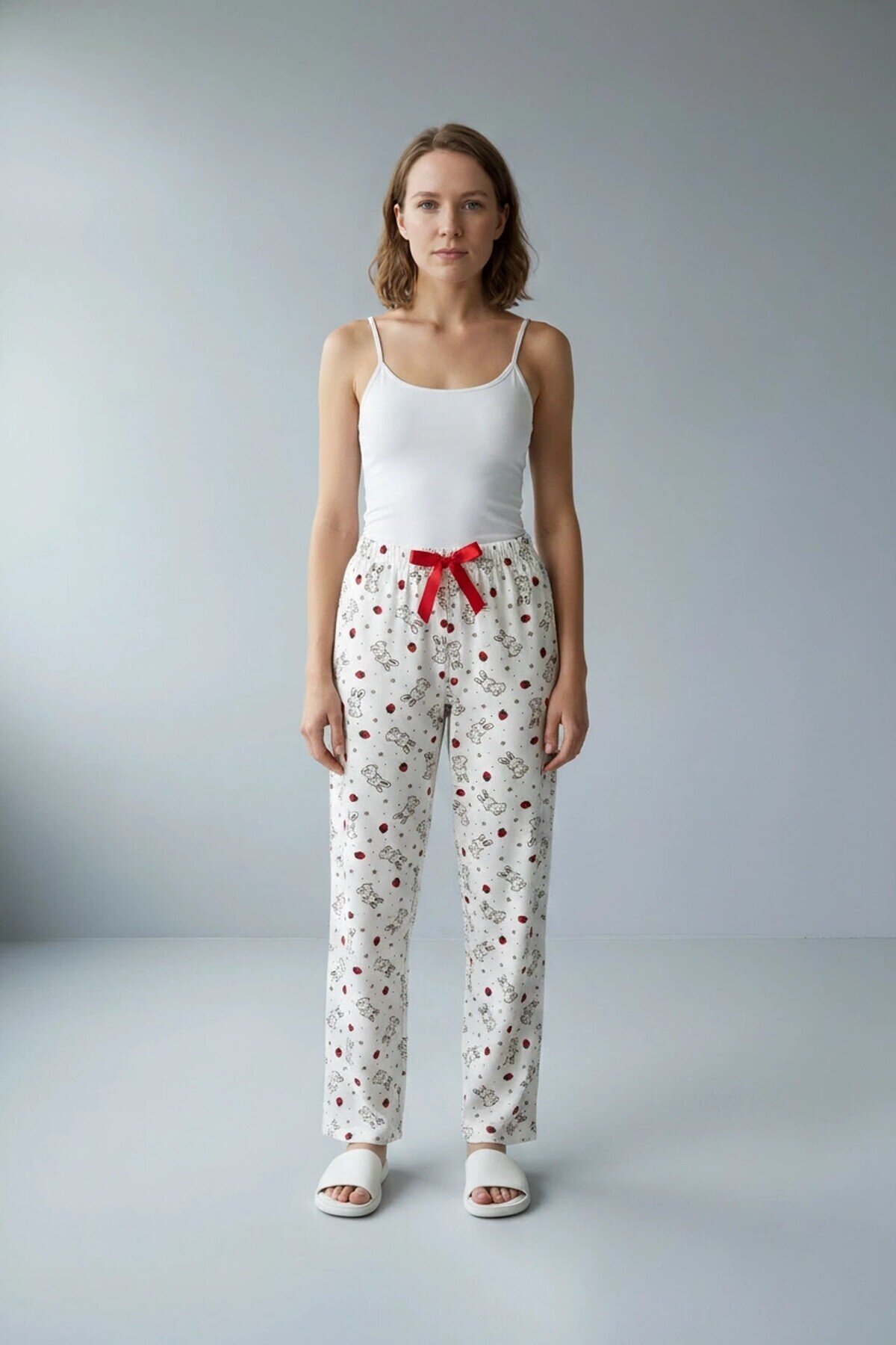 4550 Tavşan Desen Pijama Altı Beyaz