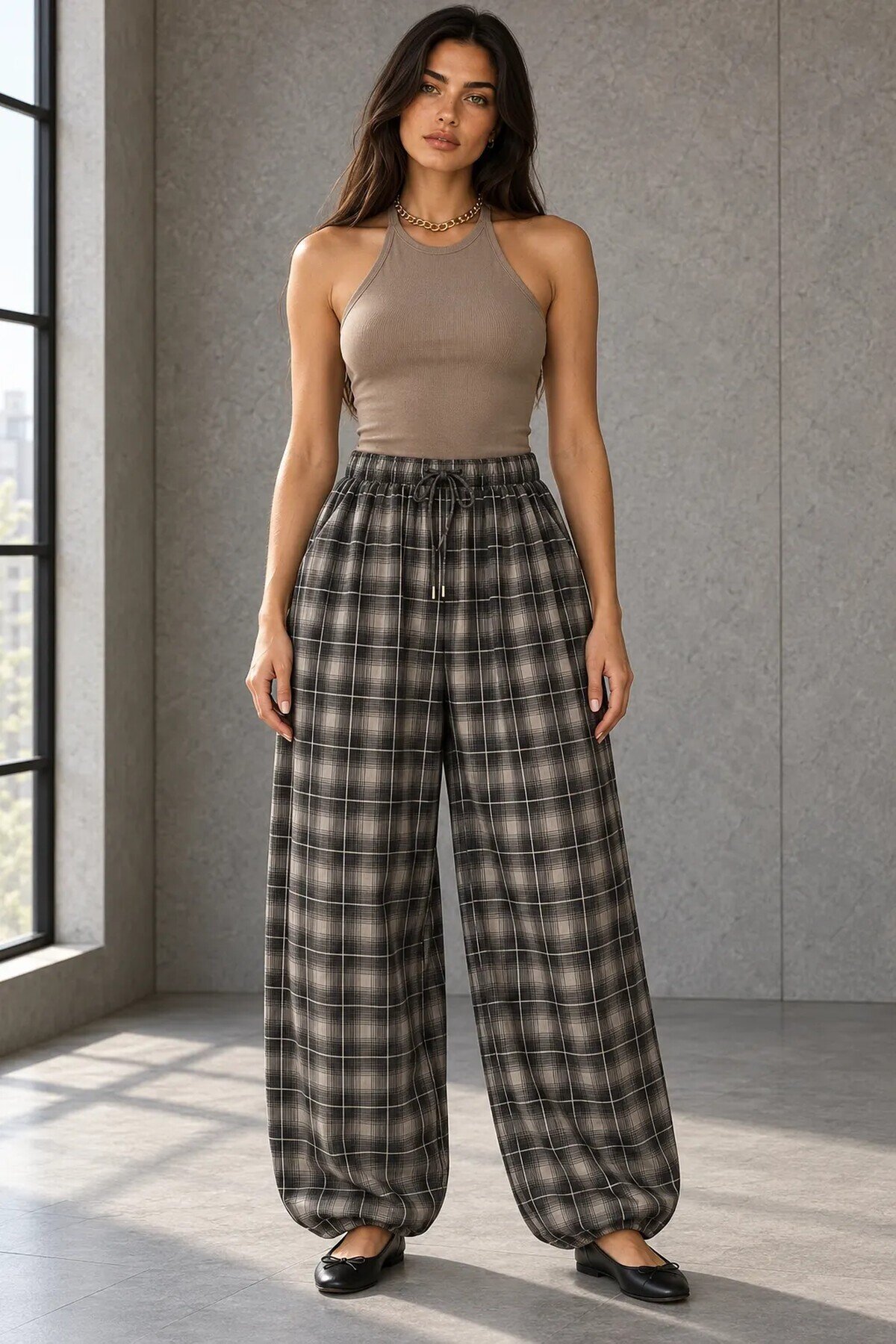 51466 Paça Pileli Ekose Desen Baggy Pantolon Kahve