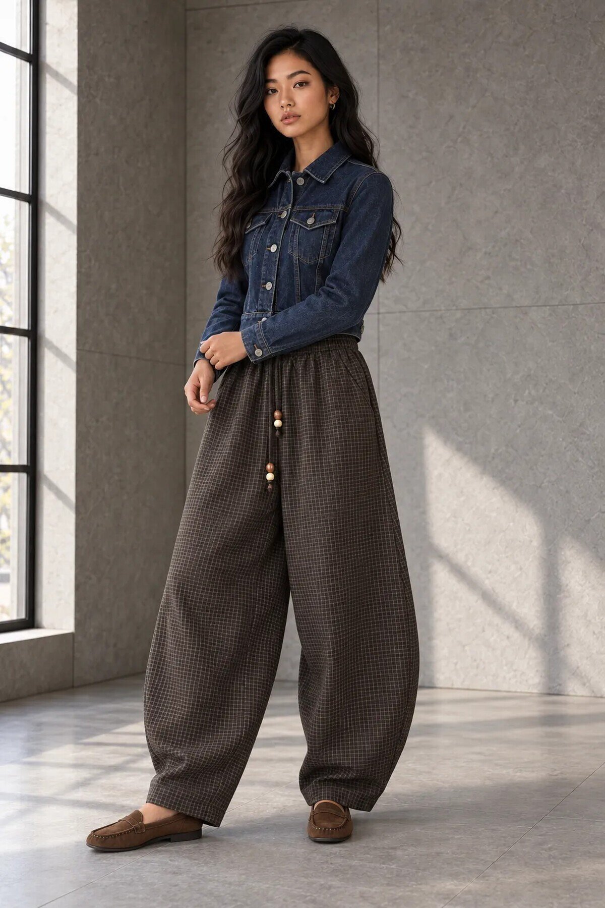 51473 Beli Lastikli Pötikare Desen Pantolon Kahve
