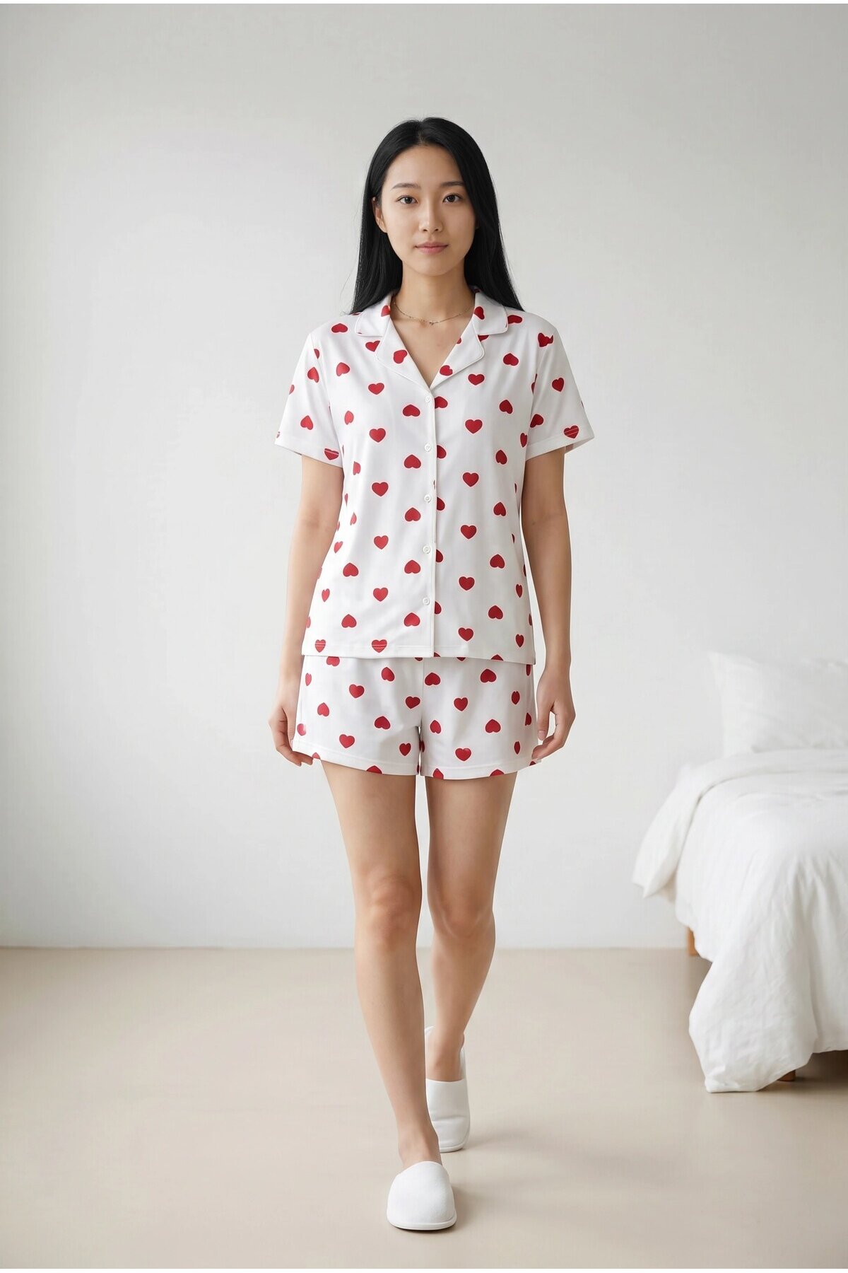 5303 Kalp Desenli Şortlu Pijama Takımı Ekru
