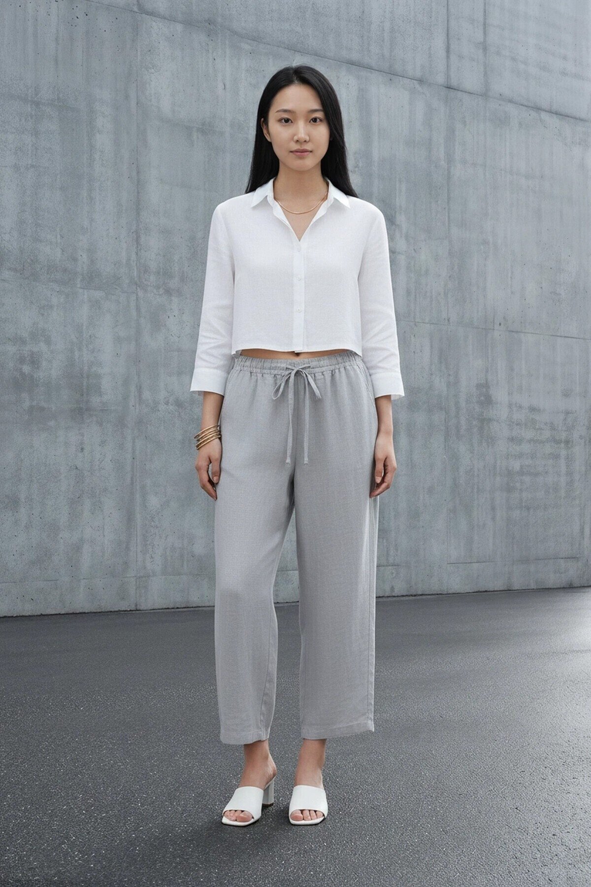 5812 Beli Lastikli Keten Pantolon Gri