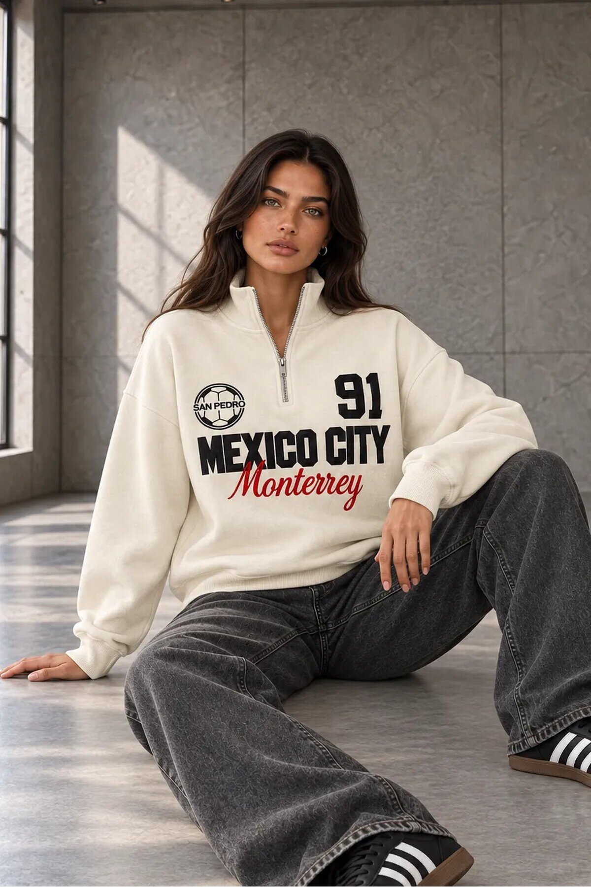 MB9159 Dik Yaka Yarım Fermuarlı Sweat Ekru