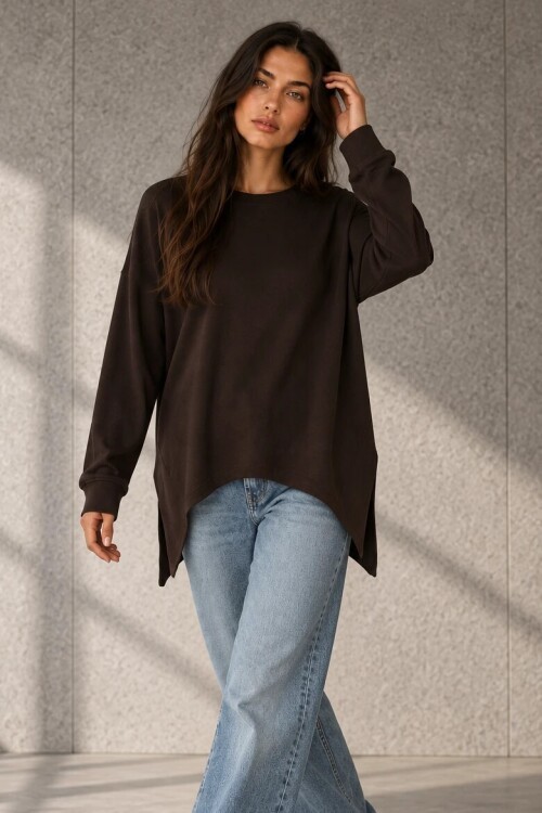 0005 Bisiklet Yaka Yırtmaçlı Sweat Kahve