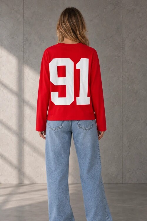 12693 Bisiklet Yaka Baskılı Sweat Kırmızı