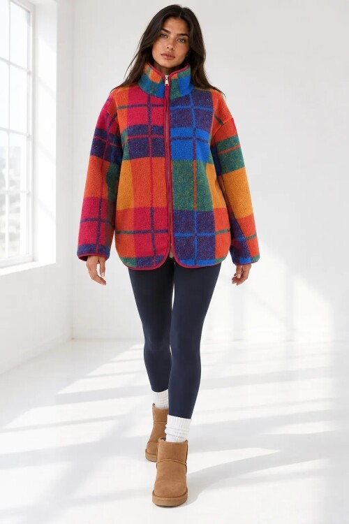 23868 Ekose Desen Polar Ceket Saks Mavi