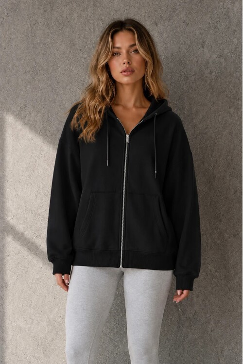 2501 Fermuarlı Kapüşonlu Sweatshirt Siyah