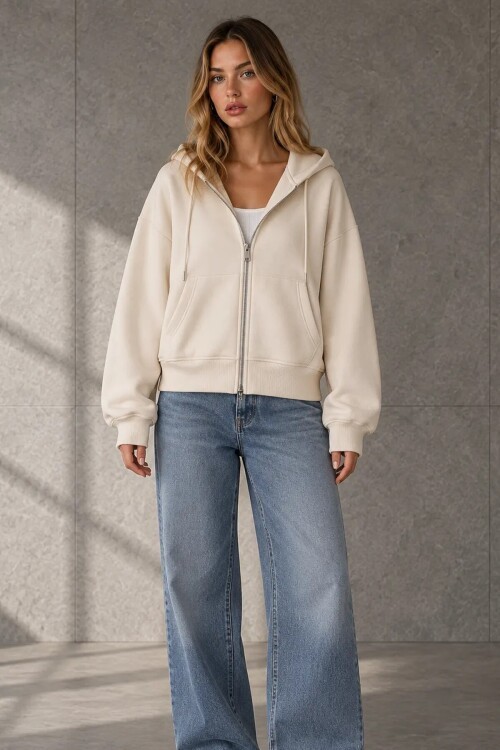 2503 Kapüşonlu Fermuarlı Sweatshirt Taş