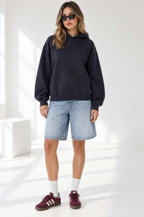 25122 Beli Lastikli Kapüşonlu Sweat Siyah