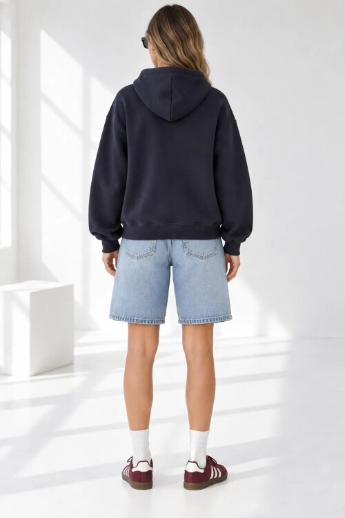 25122 Beli Lastikli Kapüşonlu Sweat Siyah