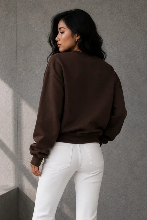2513 Üç İplik Bisiklet Yaka Sweatshirt Acı Kahve