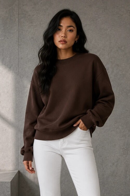 2513 Üç İplik Bisiklet Yaka Sweatshirt Acı Kahve