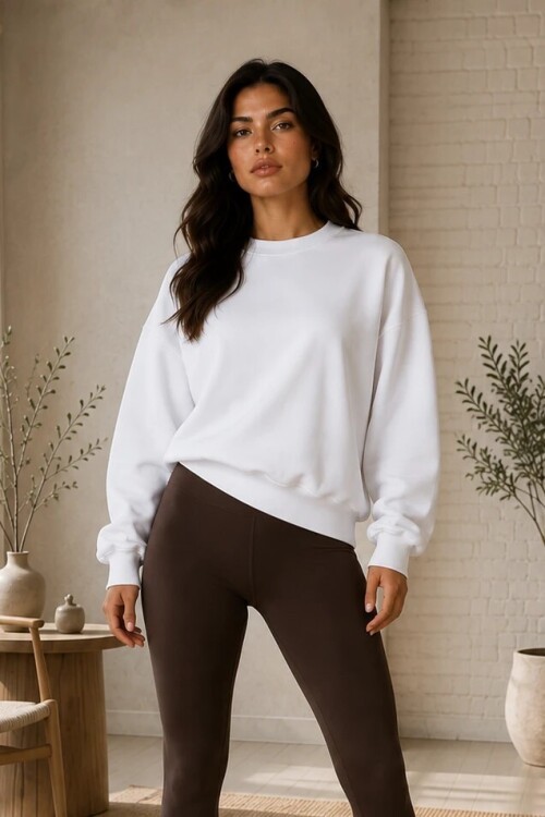 2513 Üç İplik Bisiklet Yaka Sweatshirt Ekru