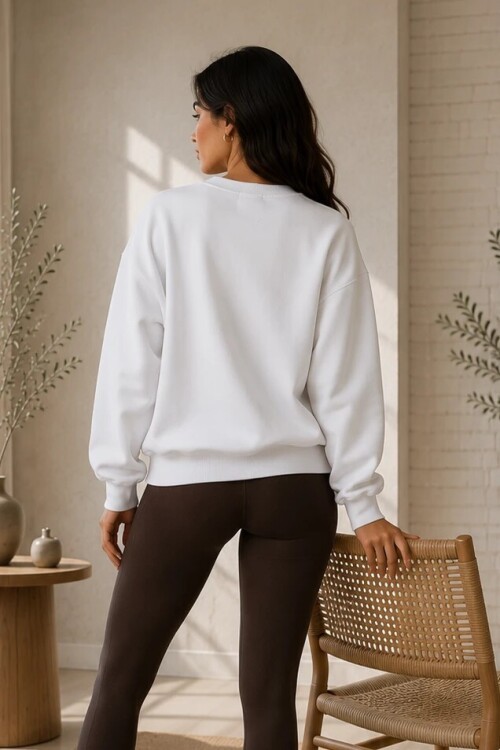 2513 Üç İplik Bisiklet Yaka Sweatshirt Ekru