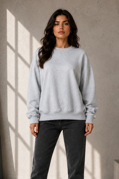 2513 Üç İplik Bisiklet Yaka Sweatshirt Karmelanj