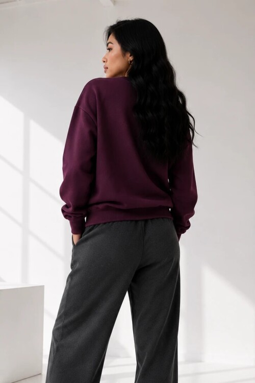 2513 Üç İplik Bisiklet Yaka Sweatshirt Mürdüm