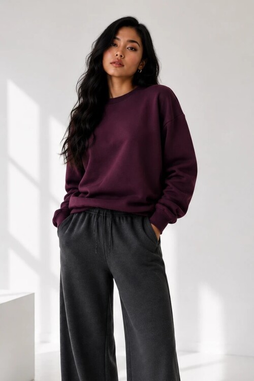 2513 Üç İplik Bisiklet Yaka Sweatshirt Mürdüm