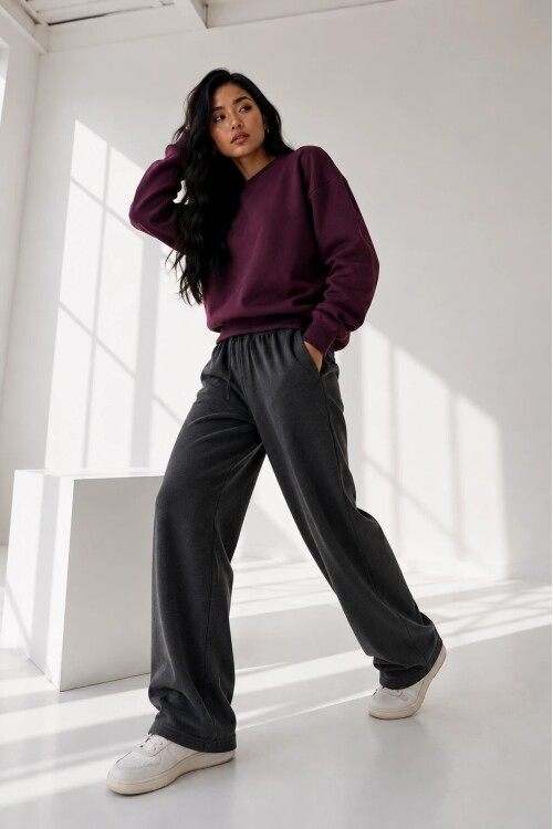 2513 Üç İplik Bisiklet Yaka Sweatshirt Mürdüm