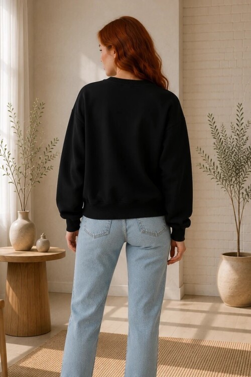 2513 Üç İplik Bisiklet Yaka Sweatshirt Siyah