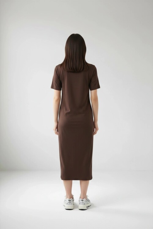 26674 Bisiklet Yaka Oversize Elbise Acı Kahve