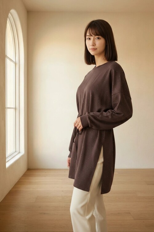 26781 Taşlı Beli Bağlamalı Tunik Kahve