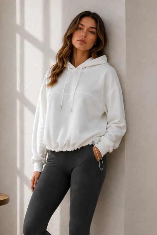 2761 Beli Sıkmalı Kapüşonlu Sweat Ekru
