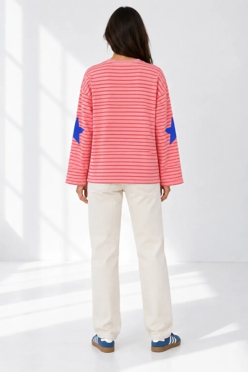3073 Baskılı Çizgili Sweat Pembe
