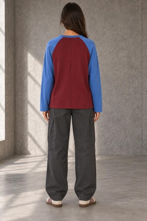 3095 Yazı Baskılı Reglan Kol Sweat Mürdüm