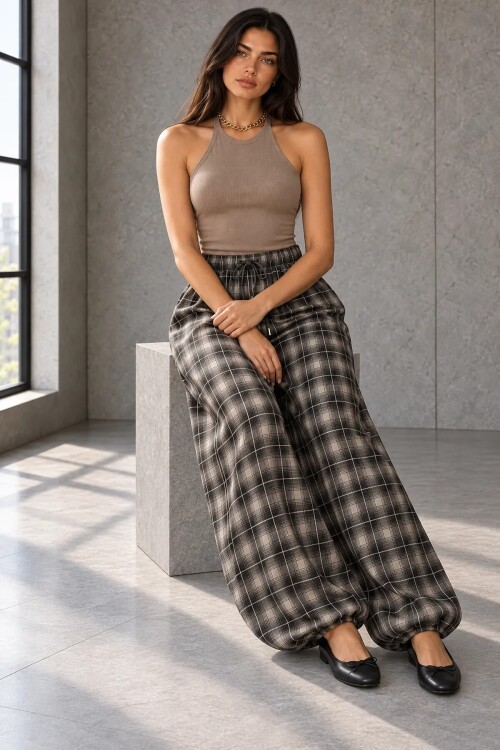 51466 Paça Pileli Ekose Desen Baggy Pantolon Kahve