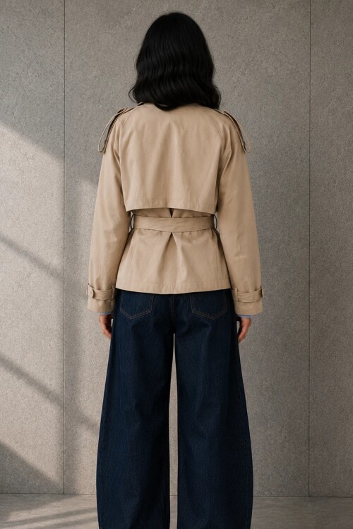 5160 Dik Yaka Kuşaklı Kısa Trençkot Taş