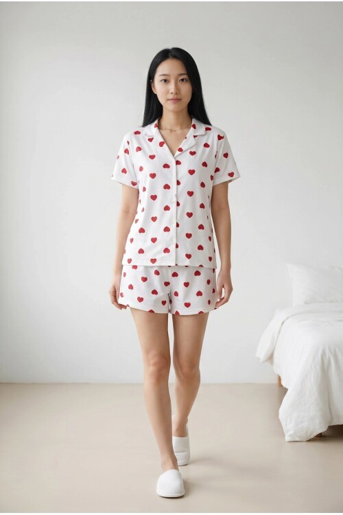 5303 Kalp Desenli Şortlu Pijama Takımı Ekru