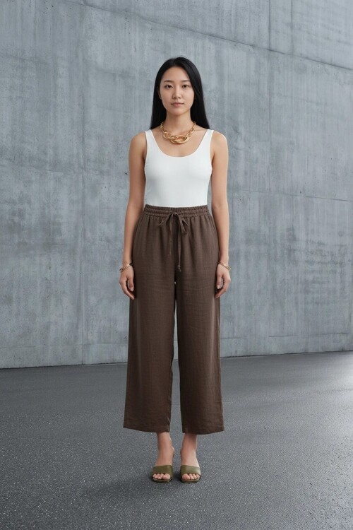 5812 Beli Lastikli Keten Pantolon Kahve