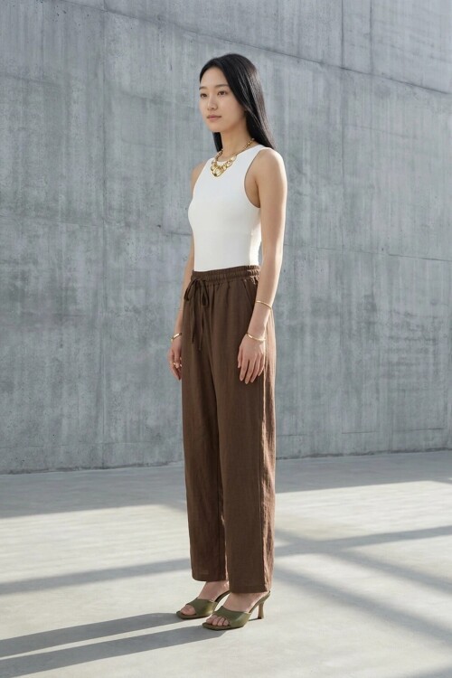 5812 Beli Lastikli Keten Pantolon Kahve