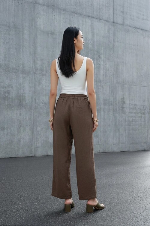 5812 Beli Lastikli Keten Pantolon Kahve