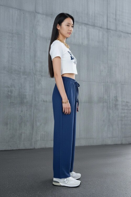 5812 Beli Lastikli Keten Pantolon Lacivert