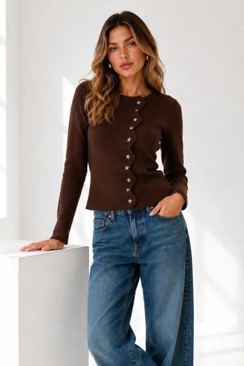 6091 Düğme Detay Hırka Kahve
