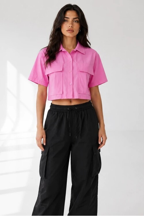 7037 Kapak Cepli Crop Gömlek Pembe