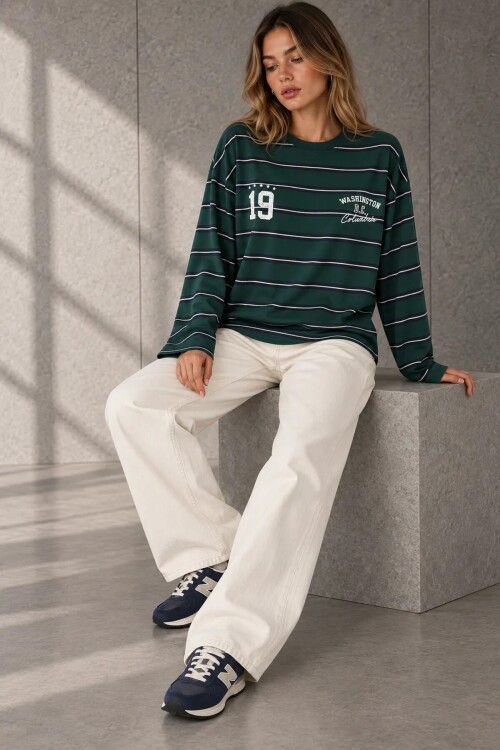 MB8223 Çizgili Uzun Kollu Tshirt Yeşil