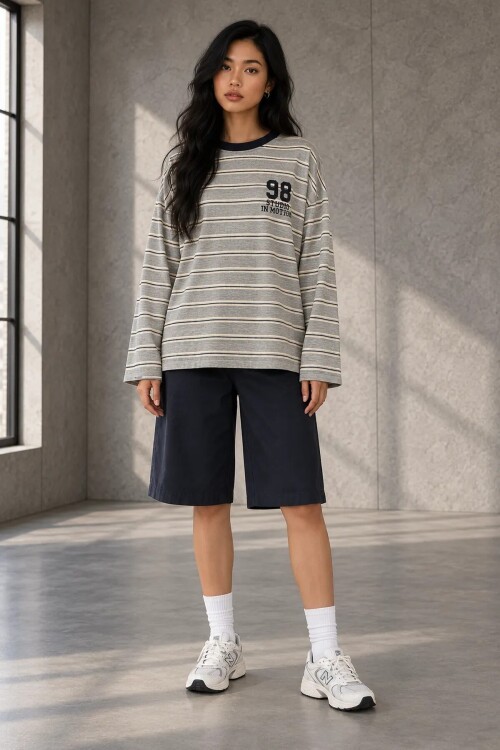 MB9611 Baskılı Uzun Kollu T-shirt Gri