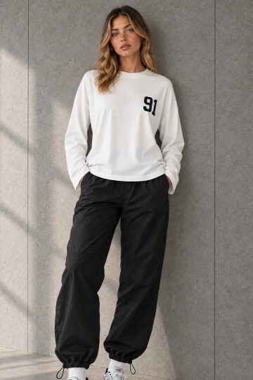 12693 Bisiklet Yaka Baskılı Sweat Ekru