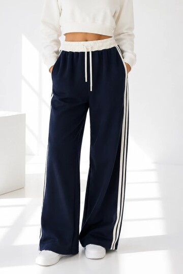 2348 Bel Detaylı Şeritli Pantolon Lacivert