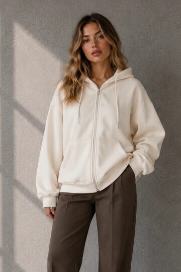 2501 Fermuarlı Kapüşonlu Sweatshirt Taş