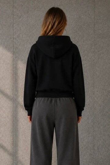 2503 Kapüşonlu Fermuarlı Sweatshirt Siyah